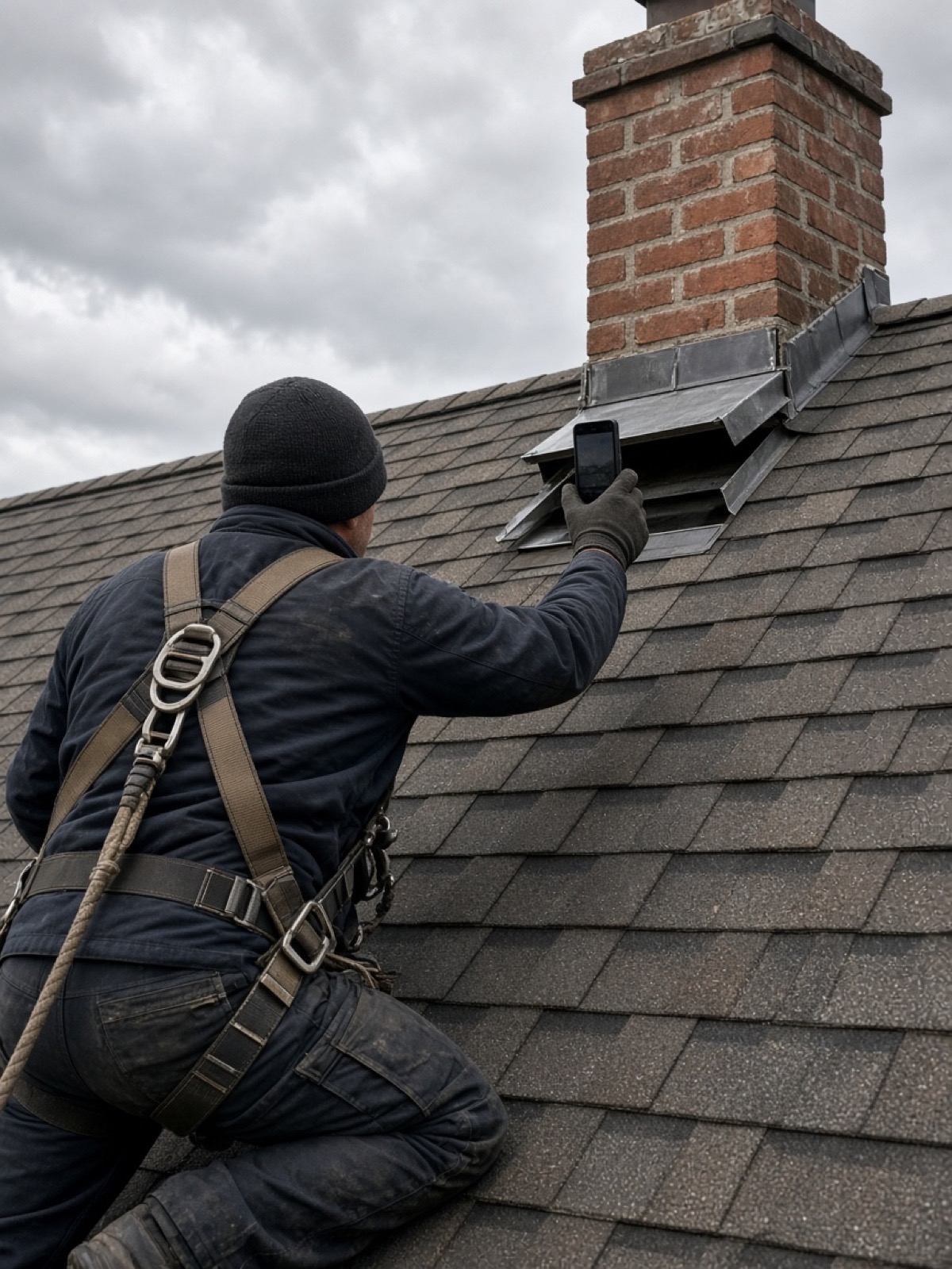 A roofer in a harness photographing chimney flashing on a shingle roof.