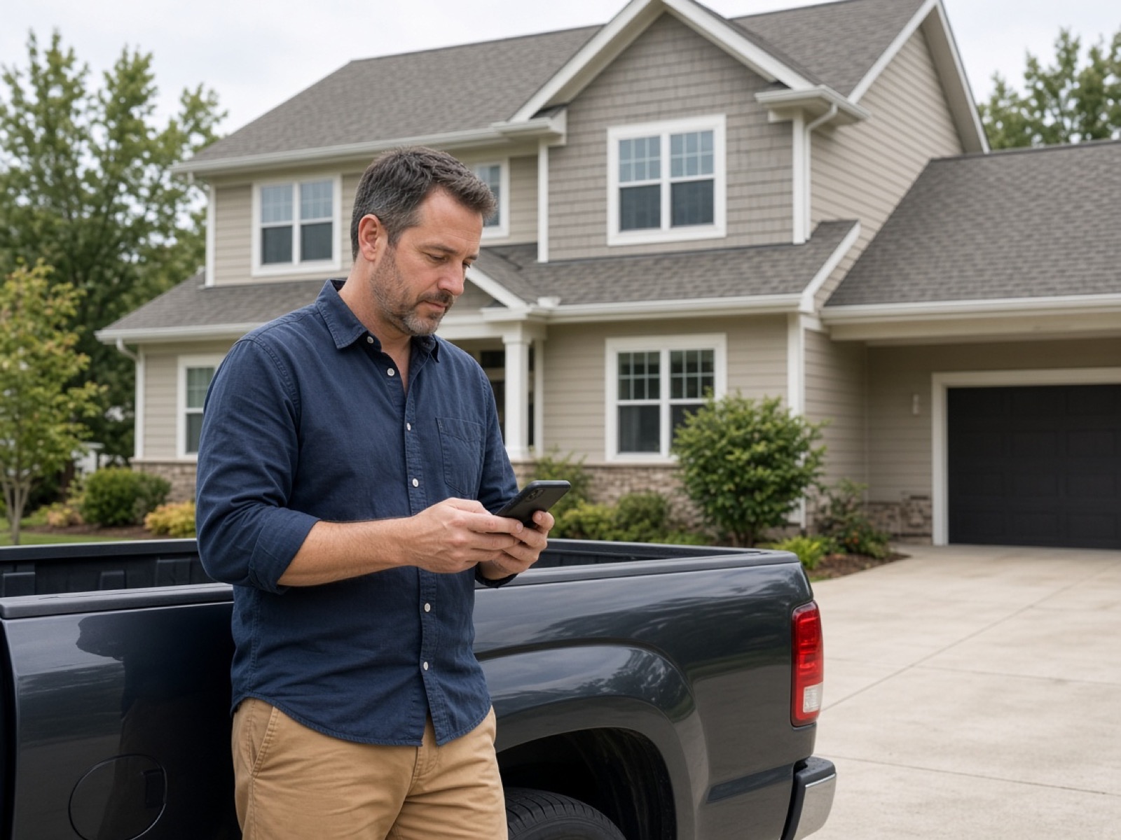 A roofer checking a phone in the driveway of a house with a shingle roof.