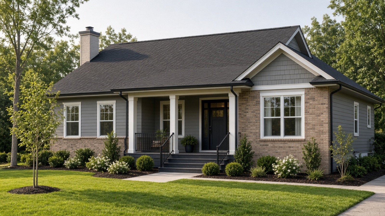 A finished house with a new dark shingle roof and a tidy front yard.
