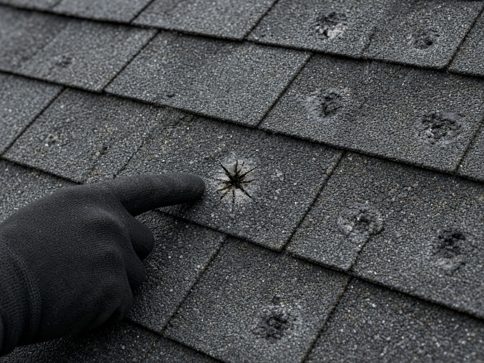 A gloved hand pointing at a hail impact in an asphalt shingle.