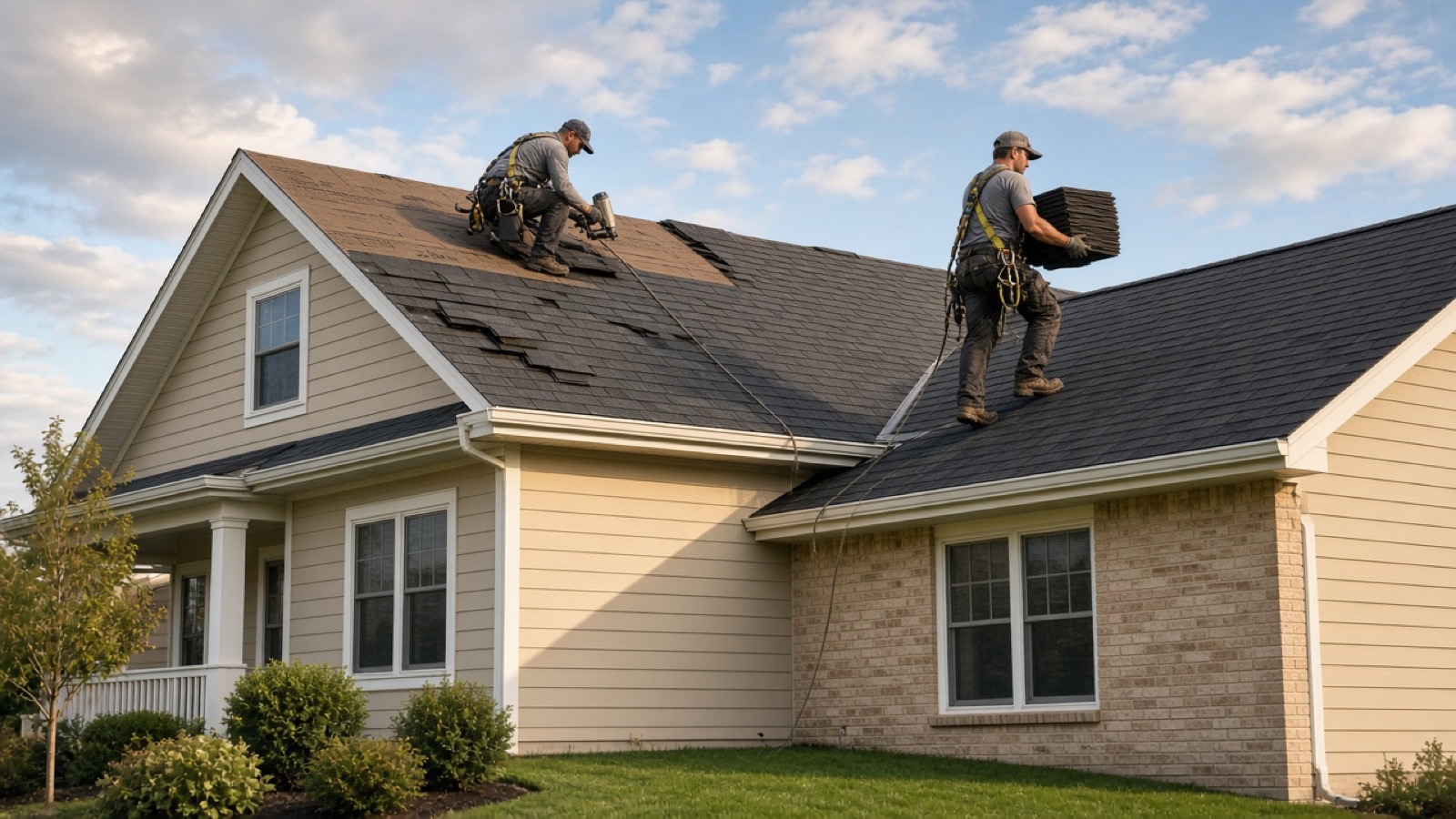 Two roofers installing new architectural shingles on a two-story house.
